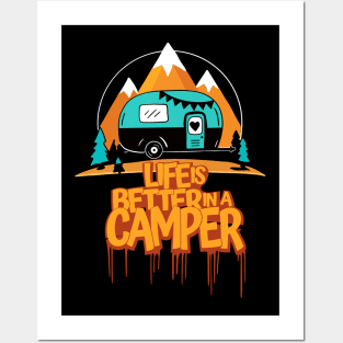 Life is better in a camper graphic with a mountain background and evening theme Posters and Art